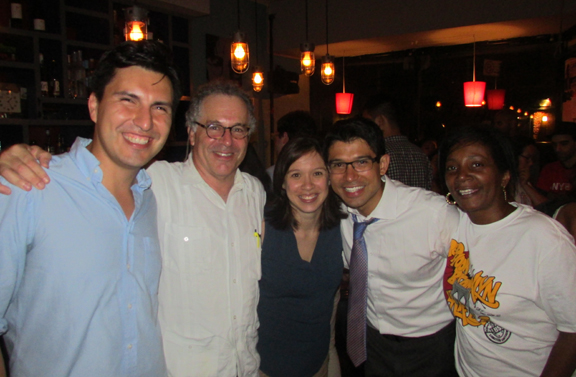 Victory party at Hope and Anchor with Menchaca campaign manager Ivan Luevenos and Paul Bader.