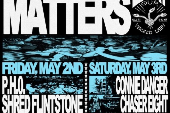Poster for The Music Matters 2 live showcase at Our Wicked Lady, Brooklyn, NY. The poster features bold, blocky white and blue text over a black background with stylized blue-tinted images of live music crowds. The event is split into two nights: